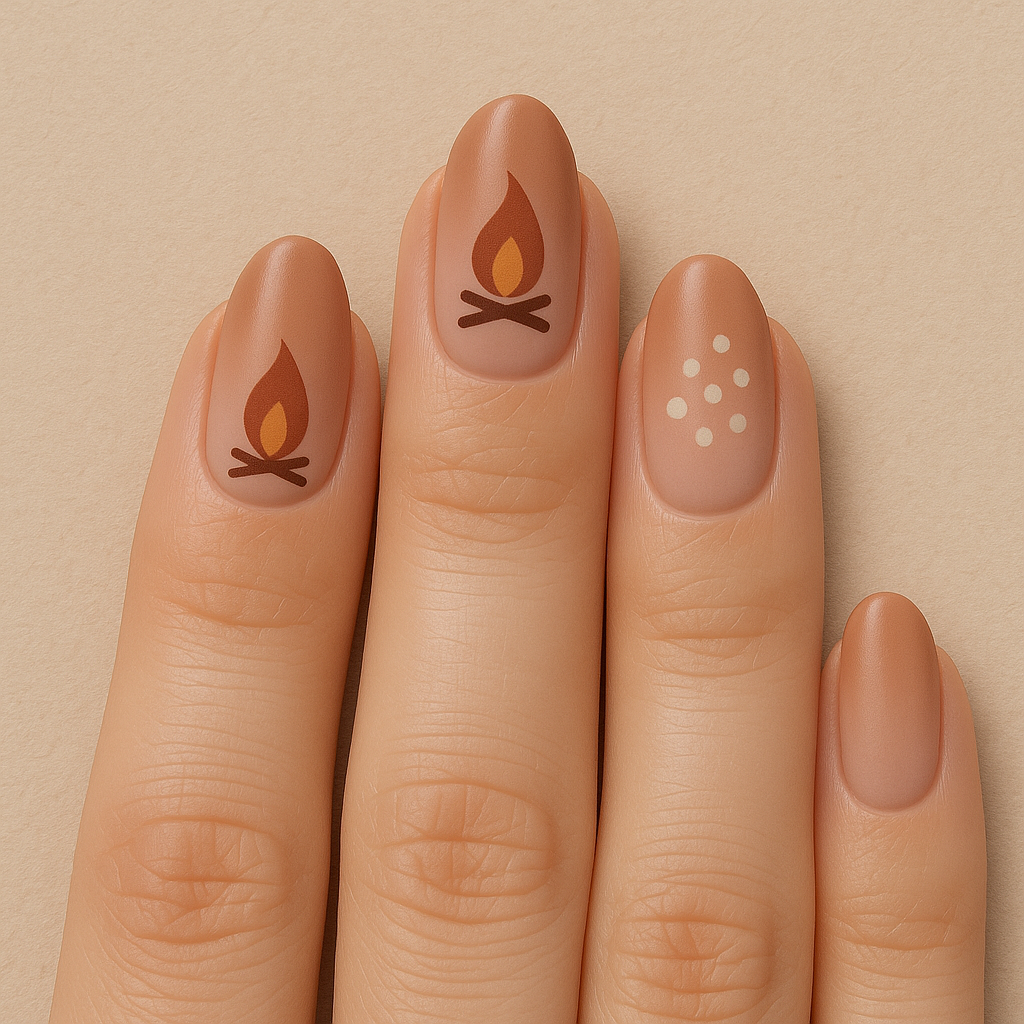 Design mockup of nude nails with campfire and dotted trail details.