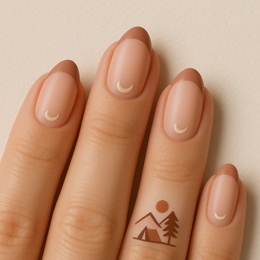 Design mockup of almond-shaped nude nails with tiny cream crescent moons.