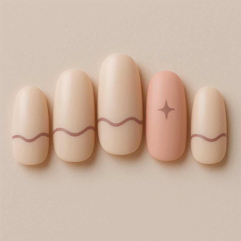 Design mockup of neutral nails with a mauve wave detail and one star accent nail.